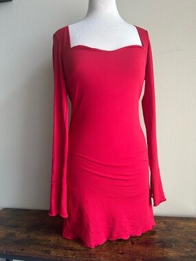 Red Long-Sleeve Square-Neck Mini Dress